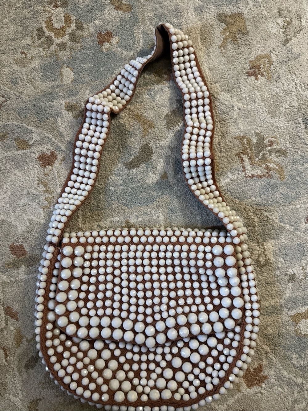 Beaded Pearl Accent Brown Shoulder Bag
